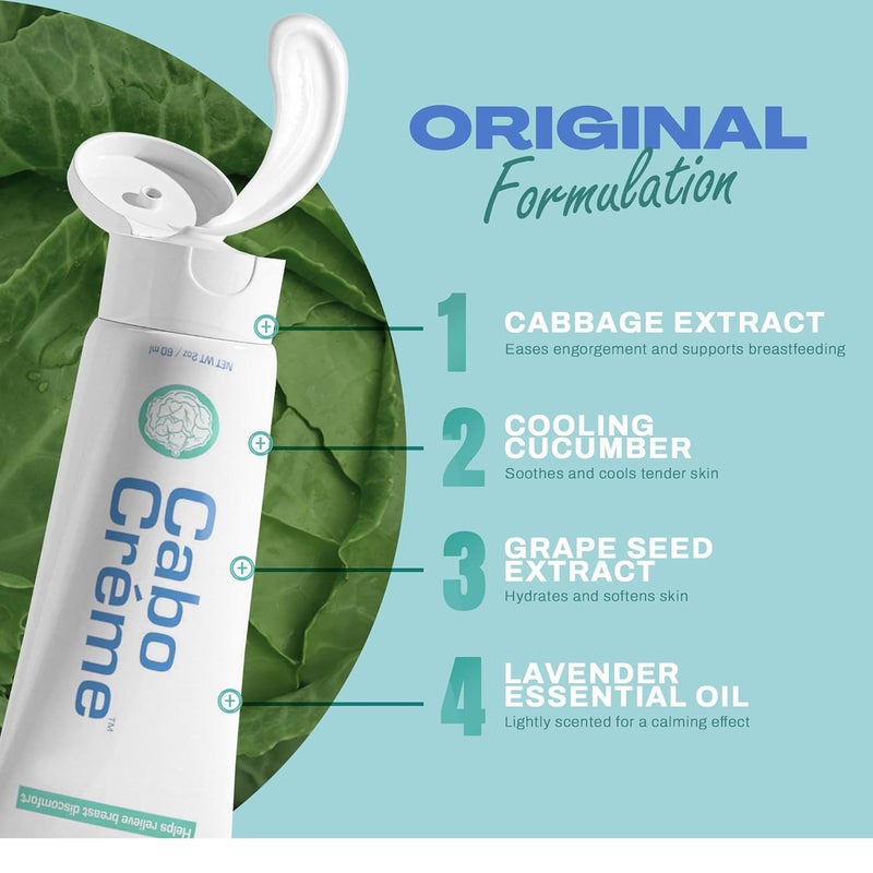 Cabocreme كريم كابو كريمي لثديي الكرنب لتخفيف الألم والاحتقان، دعم الفطام للرضاعة الطبيعية - تجفيف حليب الثدي - أساسي بعد الولادة - تم إنشاؤه بواسطة أطباء النساء والتوليد وموافق عليه من قبل الأمهات المرضعات - 2 أونصة - Image 2